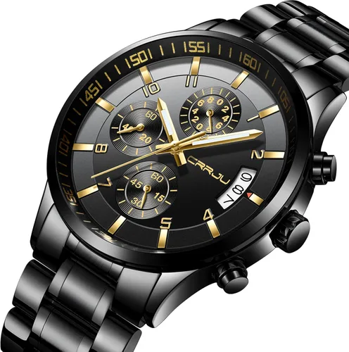Vista 2 de CRRJU - Reloj de pulsera, de acero inoxidable para hombre, resistente al agua, cronógrafo, correa de acero inoxidable