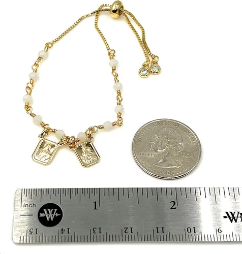 Vista 4 de Pulsera escapular católica con cuentas de cristal blanco ajustable M Cristal Chapado en oro