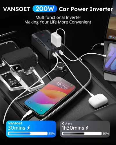 Vista 5 de Inversor de corriente de 200W para automóvil, DC 12V a 110V AC, convertidor con [PD 30W y 15W] USB C de carga rápida/3.0A, puertos de carga USB