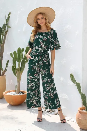 Vista 4 de Love Welove Fashion - Overol para mujer, diseño floral, hombros descubiertos, con volantes, manga corta, cintura alta, pantalones de pierna ancha
