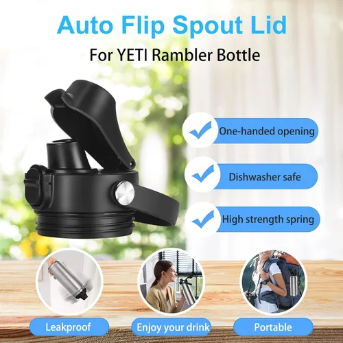 Vista 6 de Tapa con pico automático para botellas YETI Rambler, se adapta a botellas de 18/26/36/64 onzas, tapa de repuesto con botón de presión y asa