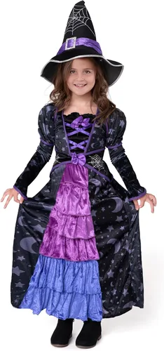 Vista 6 de Spooktacular Creations - Disfraz de bruja morado de Halloween para niña, con estrellas y luna para jugar y actuar