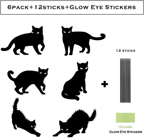 Vista 7 de Paquete de 6 carteles de decoración de gato negro de Halloween con estacas que brillan en los ojos oscuros, aterradores, impermeables, para patio