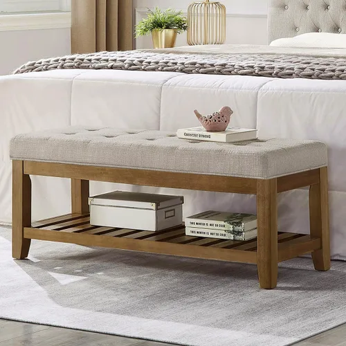 Vista 9 de 24KF Banco Otomano Grande Rectangular Tapizado con Capitoné de Tela de Lino, Banco Acolchado con Estante de Madera Maciza - Granito Banco de granito