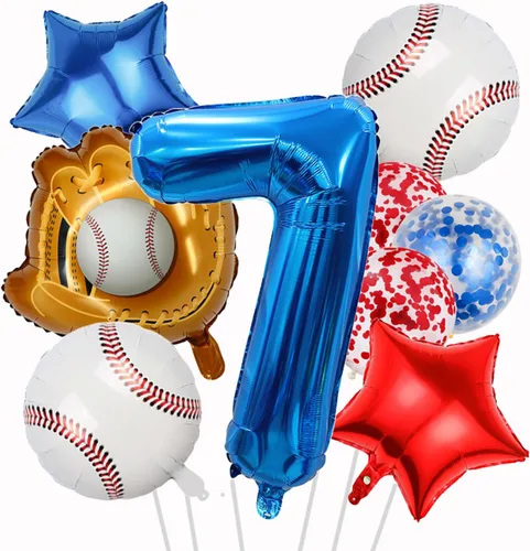 Vista 24 de Globos de béisbol de papel de aluminio para decoración de cumpleaños, globos con el número 2, globos de confeti de estrella roja y azul