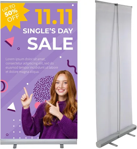 Vista 2 de M&T Displays Super Eco - Pancarta retráctil enrollable de pie de 48 x 78.75 pulgadas, perfil de aluminio plateado con bolsa de transporte