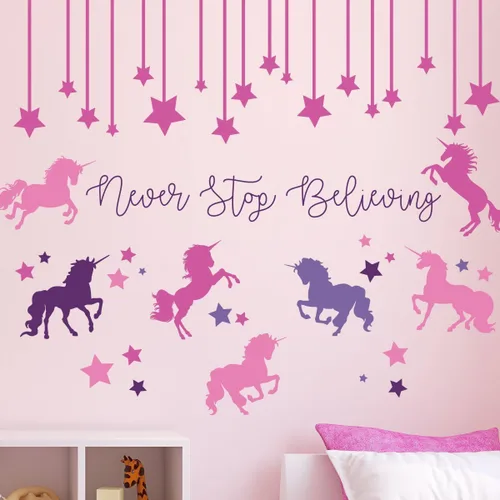 Vista 8 de Unicorn Stickers for Kids Room - Never Stop Believing Magical Themed Wall Decor - Vinyl Mural for Girls or Boys Bedroom, Baby Nursery, or Playroom