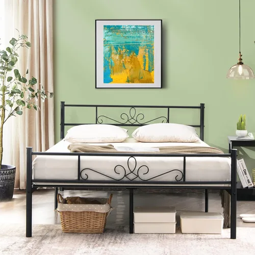 Vista 3 de KOMFOTT Base de cama de plataforma metálica de tamaño matrimonial con cabecera y estribo, base de colchón con listones de metal reforzados,