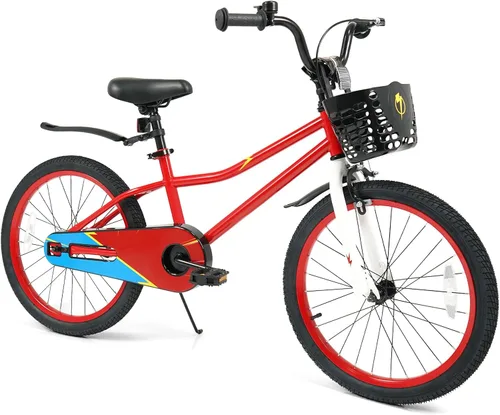 Vista 20 de HONEY JOY Bicicleta para niños, 12, 14, 16, 18, 20 pulgadas, con ruedas de entrenamiento y freno de mano, marco de acero, cadena totalmente cerrada
