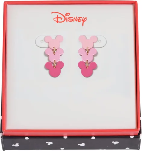 Vista 4 de Disney Aretes colgantes lineales de Mickey Mouse para mujeres y niñas, un par en caja de regalo de joyería auténtica con 3 dijes colgantes