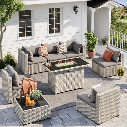 Vista 14 de UDPATIO Juego de muebles de patio al aire libre, sofá seccional modular de 7 piezas con mesa de té, juego de conversación al aire libre de mimbre PE