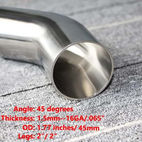Vista 4 de Codo de Acero Inoxidable de 1.77" con Curvatura Mandril de 45° - Pared 16GA/.065" - Patas 2" - Codo de Acero Inoxidable SS304 para Escape Modificado