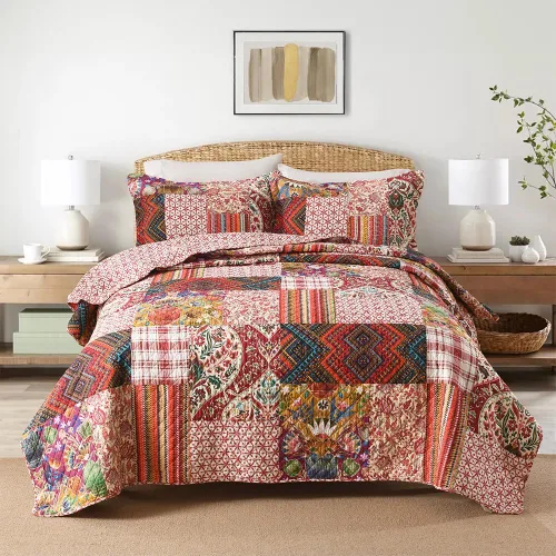 Vista 14 de VISIMISI - Juego de colcha de algodón, juego de cubrecama reversible de retazos, 3 piezas, diseño vintage floral de mosaico azul, tamaño queen