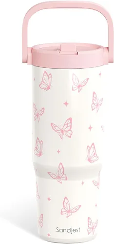 Vista 10 de SANDJEST Besties - Vaso de acero inoxidable con tapa para pajita de 30 onzas con asa de transporte para mujeres, niñas, mejores amigas, taza de café