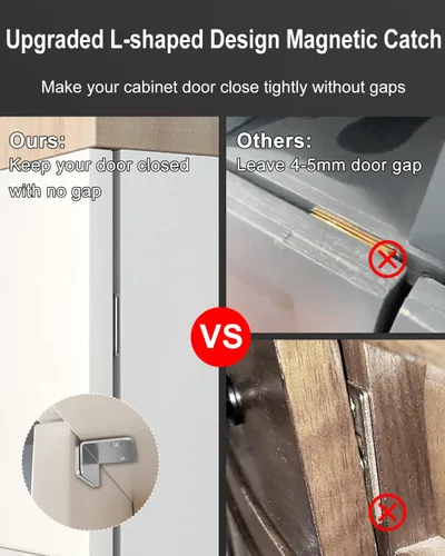 Vista 3 de Jiayi Paquete de 2 imanes magnéticos para gabinete, color plateado, ultra fino, en forma de L, imanes de cajones adhesivos para armarios de cocina