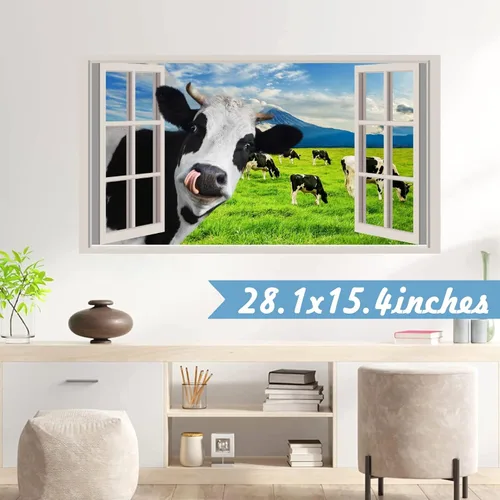 Vista 3 de Divertidas calcomanías de pared de vaca que se asoman, calcomanías de pared de vaca para despegar y pegar, calcomanías 3D falsas para decoración