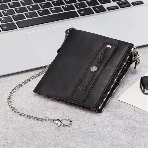 Vista 7 de Cartera de cuero genuino para hombre con cadena antirrobo, bloqueo RFID, tarjetero multifuncional con cierre RFID, bolsillo con cremallera
