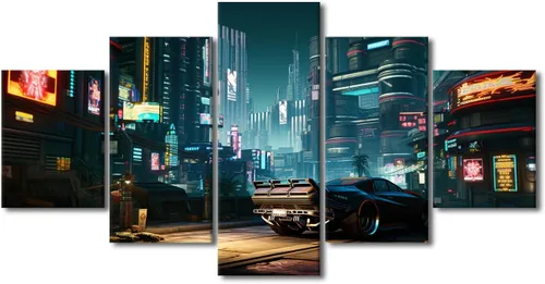 Vista 66 de Póster de 5 paneles en lienzo para decoración de pared, diseño de centro urbano Cyberpunk, impresión moderna, decoración de pared para el hogar