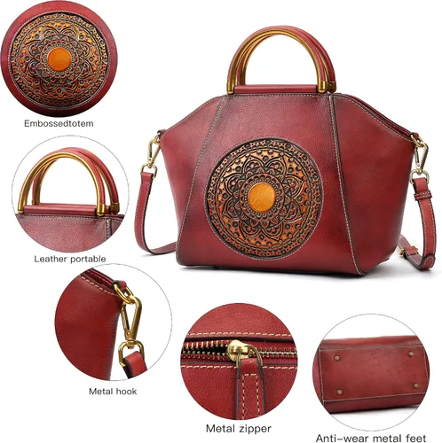 Vista 5 de Bolsos de cuero genuino para mujer, organizador retro de cuero de curtido vegetal, bolso de hombro de tótem en relieve vintage