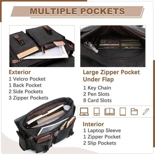Vista 4 de RAVUO Bolso de mensajero para hombre, bolsa de lona resistente al agua de 14, 15.6, 17 pulgadas, maletines para laptop, bolsa de hombro para negocios