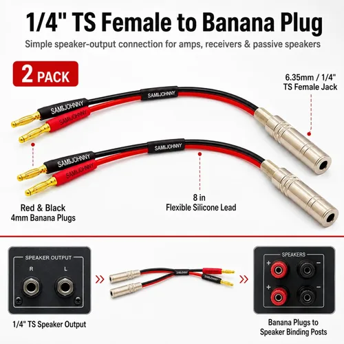 Vista 4 de Enchufe TS hembra a plátano de 1/4 pulgadas, conector mono de 0.250 in, cable de silicona flexible de 1/4 pulgadas hembra a banana para altavoz, 8