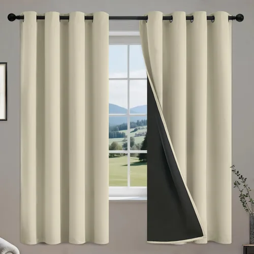 Vista 22 de COSVIYA Cortinas opacas 100% beige Biscotti para dormitorio, juego de 2 paneles de 63 pulgadas de largo, bloqueo de luz completa, aislamiento
