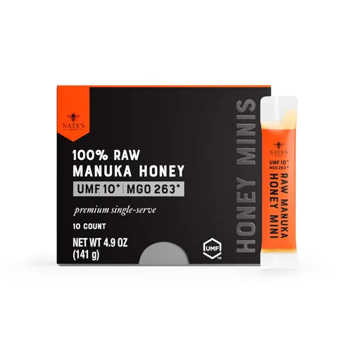 Vista 12 de Nate's Manuka Honey Minis - 10 unidades de una sola porción, miel de manuka pura - MGO 83+ Certificado UMF 5+ - 10 paquetes de una sola porción