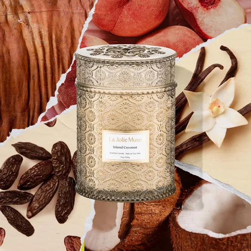 Vista 2 de LA JOLIE MUSE Vela de vainilla y coco – Coco, freesia y vainilla Vela de mecha de madera grande de 19 oz Cera de soja natural 90 horas de Isla
