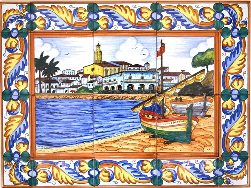 Vista 2 de Mural de cerámica pintado a mano Calles típicas/Mercado/MARKETPLACE con borde de borde. 17.72'' x 23.62''. 25379 Mural Calles típicas con borde