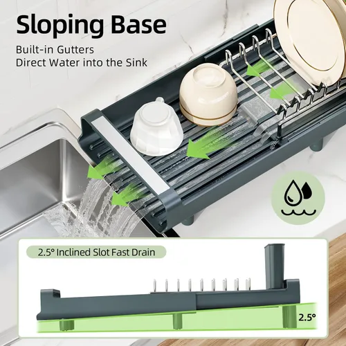 Vista 6 de [Usado] TOOLF Escurridor de platos pequeño, mini escurridor compacto expandible, escurridor de platos delgado y extensible de acero inoxidable