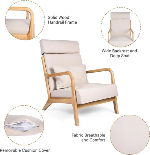 Vista 4 de Silla de sala de estar moderna de mediados de siglo con reposacabezas extensible, sofá individual, silla con marco de madera, silla de lectura