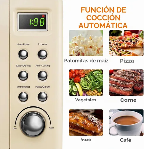 Vista 4 de SIMOE Horno microondas retro crema, 0.7 pies cúbicos microondas compacto de encimera, microondas pequeño de 700 W con pantalla LED, bloqueo