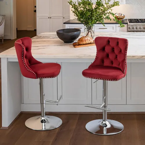 Vista 66 de SoarFlash Juego de 2 taburetes de bar tapizados de terciopelo moderno con patas de madera, botones acolchados, cabeza de clavo cromada, asiento