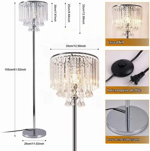 Vista 4 de beaysyty Modern Elegance - Lámpara de pie de cristal, interruptor de pie de encendido/apagado, 3 luces de cristal y cristal, lámpara de esquina