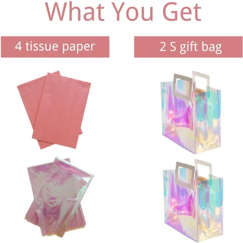 Vista 2 de VUOJUR 2 bolsas de regalo pequeñas reutilizables de 8.3 pulgadas con papel de seda - Coral e iridiscente