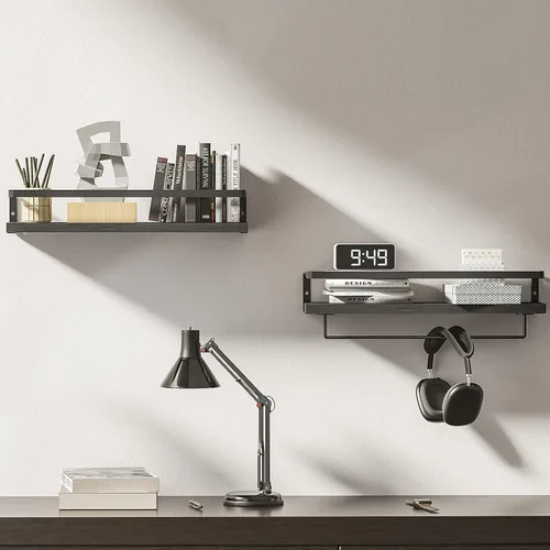Vista 6 de Estantes de baño con toallero, estantes flotantes para baño, cocina, dormitorio, madera de paulownia, marco de metal negro mate, juego de 2