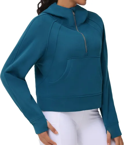 Vista 2 de THE GYM PEOPLE Sudaderas con capucha para mujer, media cremallera, manga larga, forro polar, con bolsillos, agujero para el pulgar