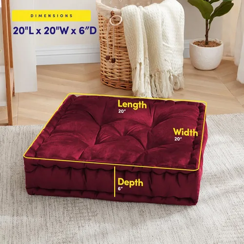 Vista 4 de Almohada de Piso Grande Cuadrada Acolchada Decorativa de 20" x 20" Tela de Terciopelo Sintético Relleno Ultra Grueso para Niños y Adultos, Paquete