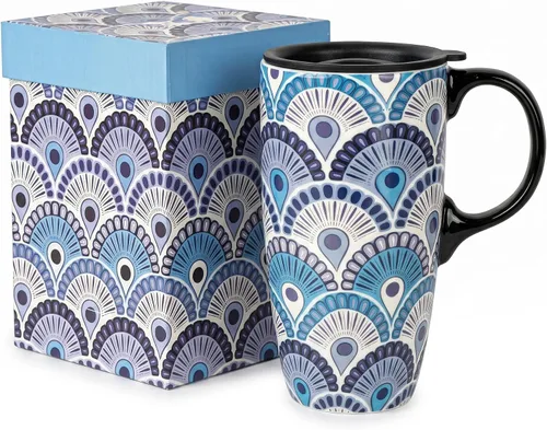 Vista 10 de Taza de café de cerámica de 17 onzas con tapa y asa, taza de viaje floral púrpura, apta para microondas y lavavajillas, taza de café grande con caja