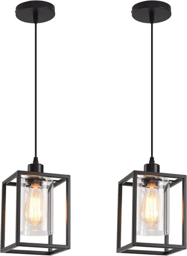 Vista 10 de Luces colgantes negras para isla de cocina, lámpara colgante de farol industrial con pantalla de vidrio transparente, iluminación colgante de altura