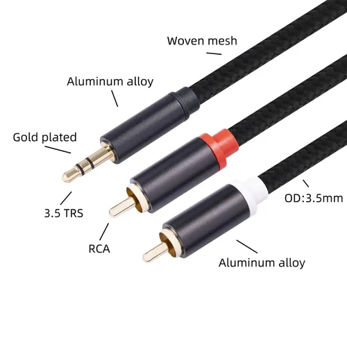 Vista 2 de Cable de 3.3 pies a RCA, chapado en oro, cable auxiliar estéreo de 1/8 macho a macho, adaptador divisor en Y para tabletas, altavoces, teléfonos