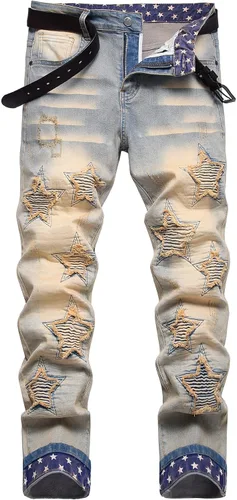Vista 12 de Baylvn - Pantalones de mezclilla para hombre con diseño patchwork, ajustados y cómodos, estilo motociclista 3132 Camuflaje y azul