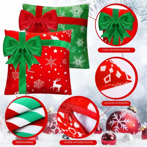 Vista 6 de Kingdder Fundas de almohada navideñas de 20 x 20 pulgadas, juego de 4 fundas de almohada de Navidad de granja, caja de regalo, decoración de lazo