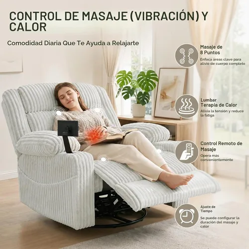 Vista 4 de Sillón reclinable giratorio eléctrico con masaje y calor, USB A y C Gris pálido