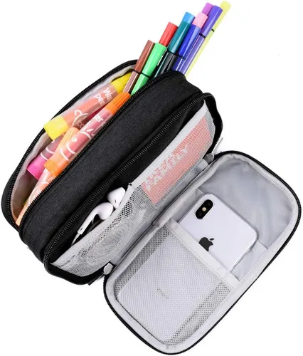 Vista 4 de Estuche para lápices de gran capacidad, bolsa grande de almacenamiento para lápices, bolsa con 3 compartimentos multifuncionales, estuches