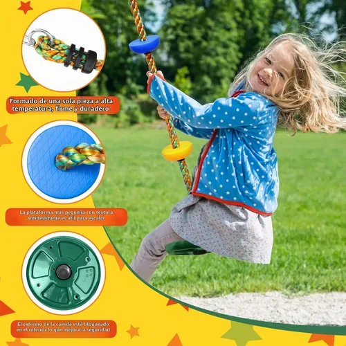 Vista 4 de Columpio de árbol para niños a partir de 3 años, juego de cuerda de escalada con asiento de disco resistente (verde)
