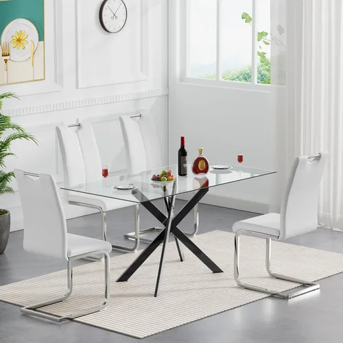 Vista 18 de SSLine Mesa de comedor moderna de cristal, rectangular de 51 pulgadas, color negro con patas de metal diseñadas en X para cocina y comedor