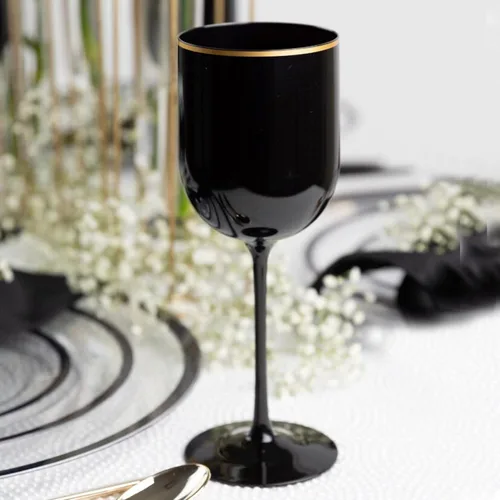 Vista 2 de EcoQuality Copas de vino de plástico negro con borde dorado, copas de vino de 12 onzas con tallo, copas de vino desechables inastillables