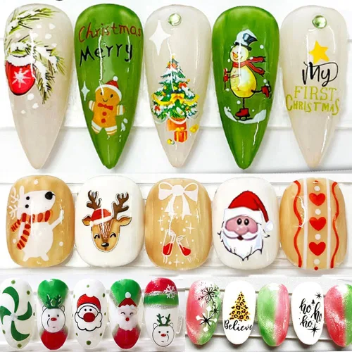Vista 8 de 10 calcomanías de uñas de Navidad de invierno para mujeres, dibujos animados 3D, alce, muñeco de nieve, campanas de Papá Noel, copo de nieve