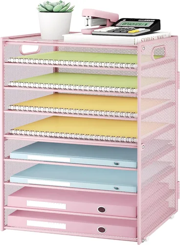 Vista 12 de SUBEKYU Organizador de papel de 9 niveles para escritorio, bandeja de cartas de malla de metal negro, organizador clasificador de papel de archivo